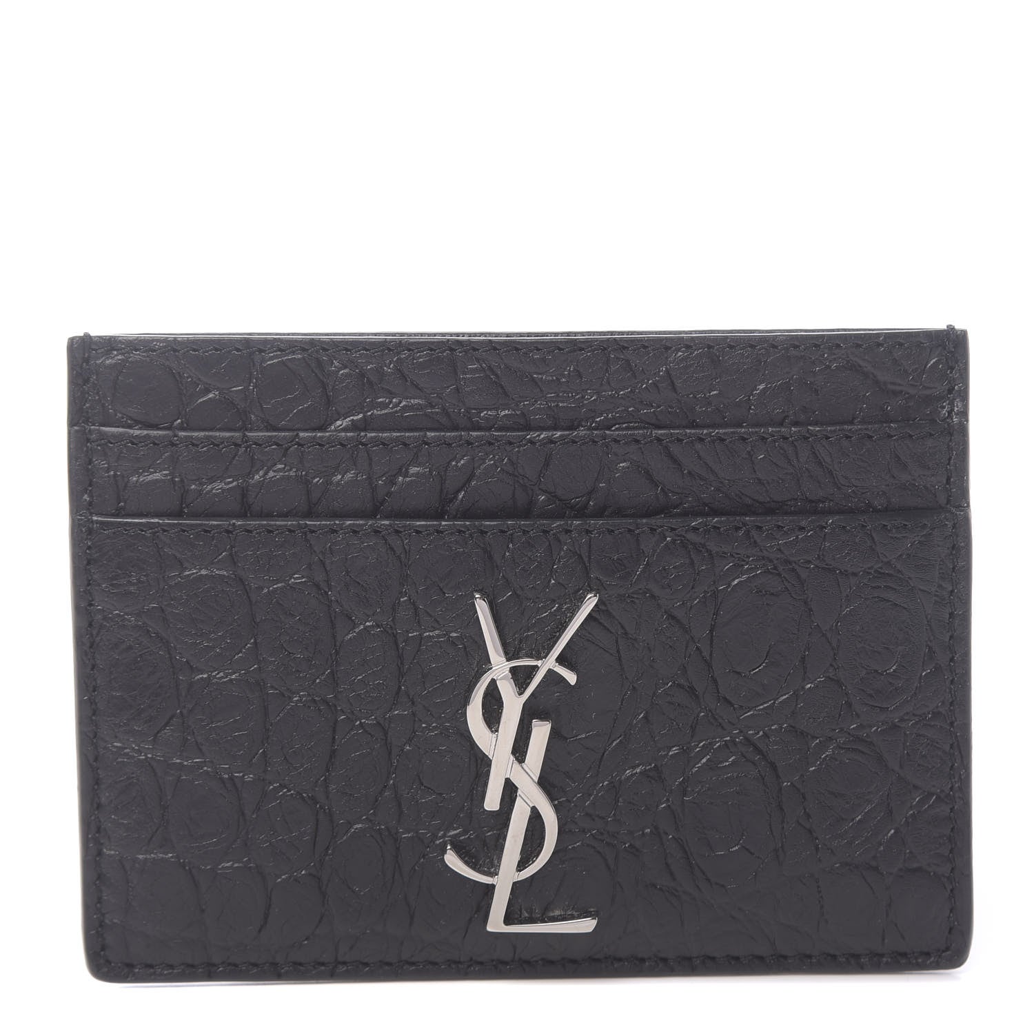 Saint Laurent Calfskin Crocodile Embossed Monogram Credit Card Case Black 1 of 8