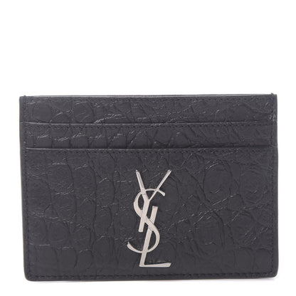 Saint Laurent Calfskin Crocodile Embossed Monogram Credit Card Case Black 1 of 8