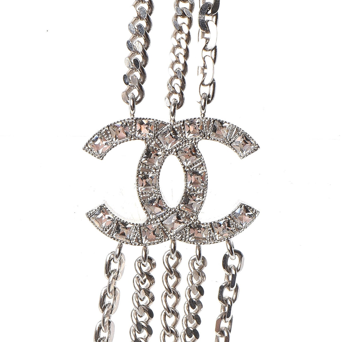 Baguette Crystal CC Shield Multi Strand Long Chain Necklace Silver