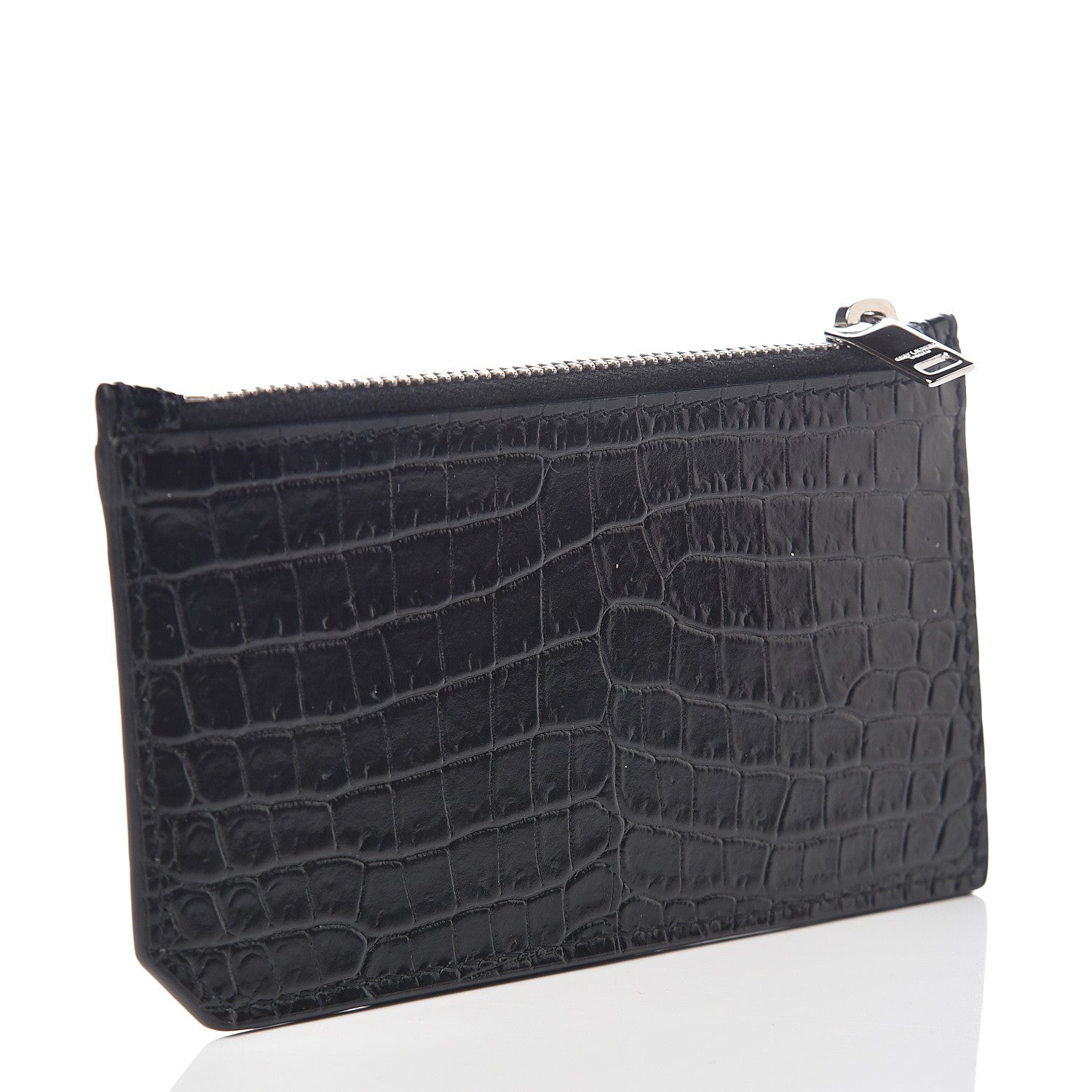 Saint Laurent Calfskin Crocodile Embossed 5 Fragments Zip Pouch Card Holder Black 2 of 6