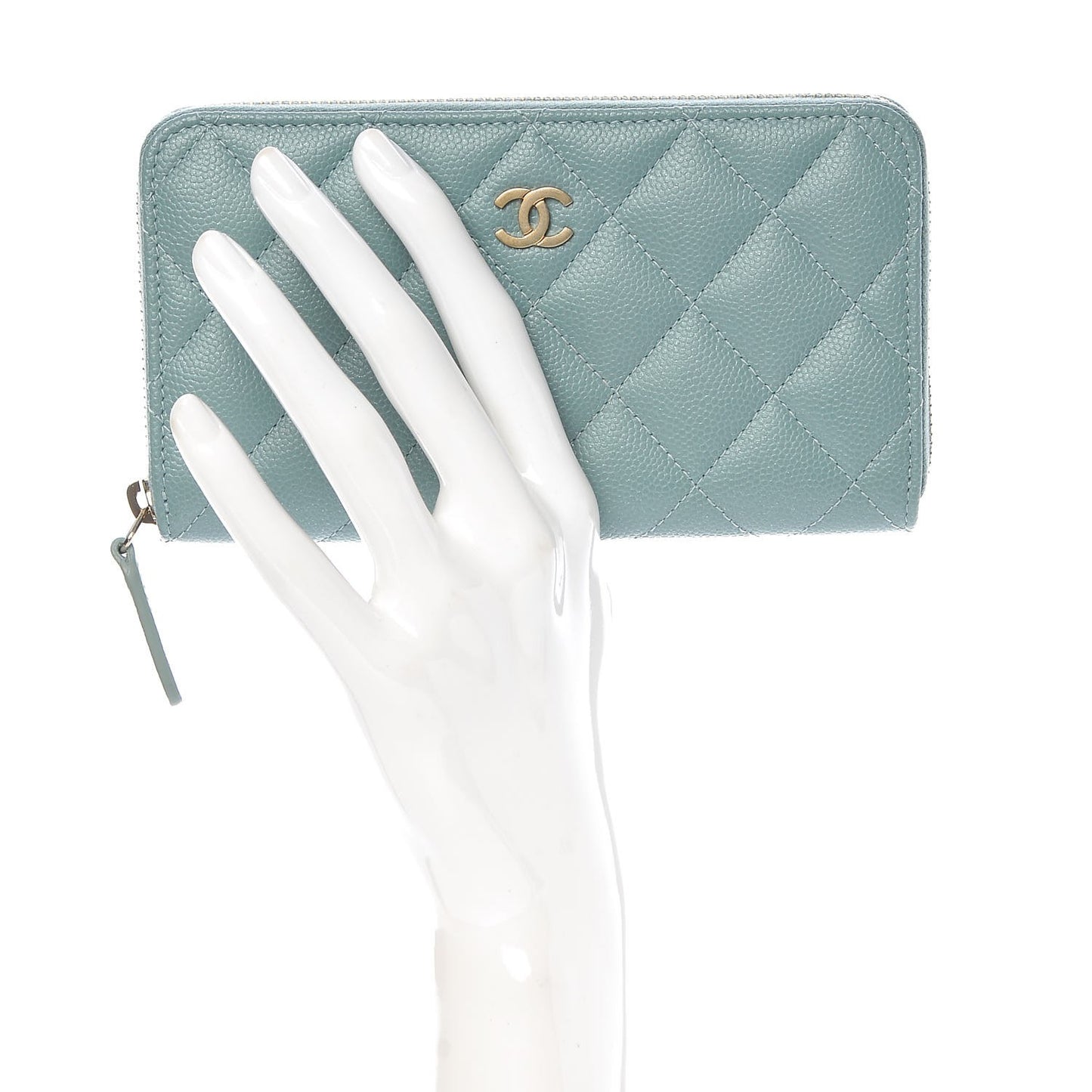 Iridescent Caviar Quilted Medium Zip Around Wallet Light Blue