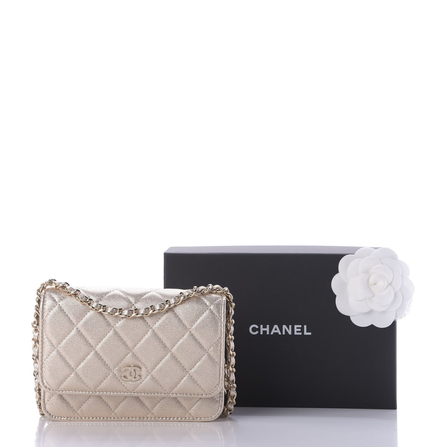 Metallic Lambskin Quilted Mini Wallet On Chain WOC Gold