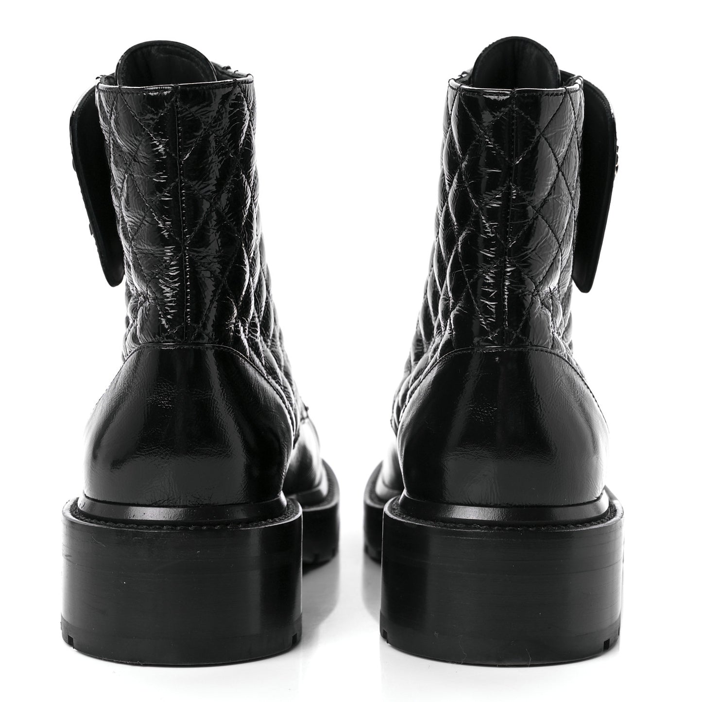 Shiny Lambskin Quilted Lace Up Combat Boots 40 Black