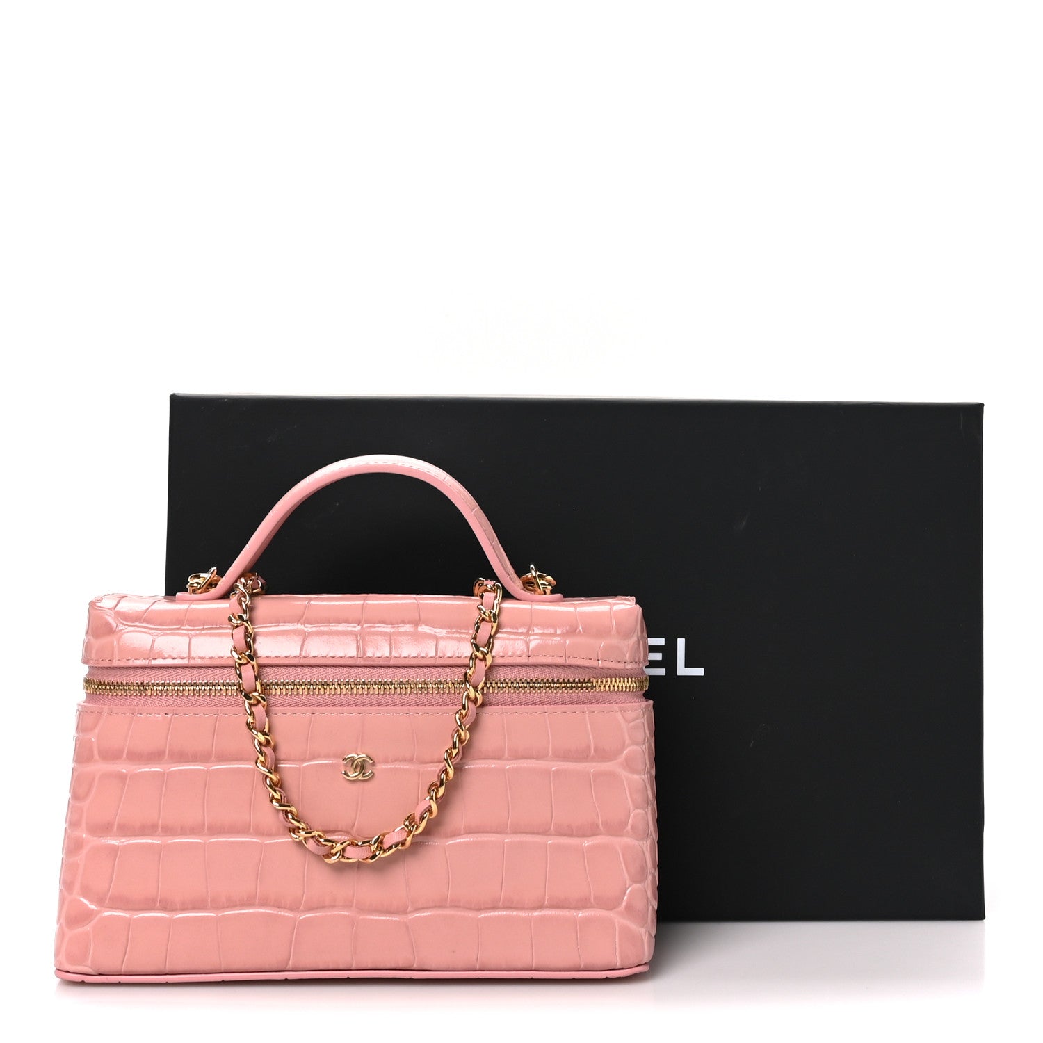 Chanel Calfskin Crocodile Embossed Top Handle Vanity Case With Chain Pink 11 of 11