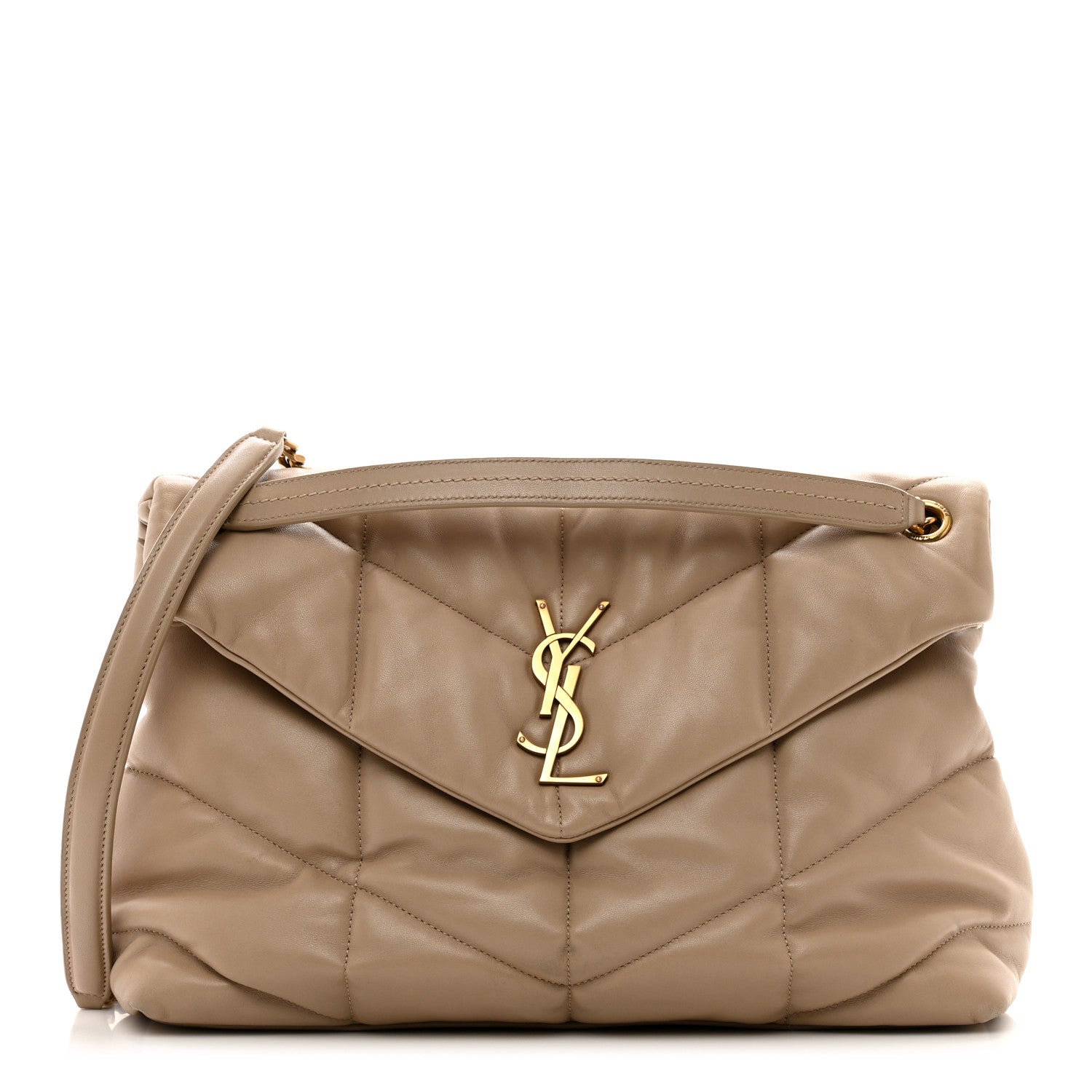 Saint Laurent Lambskin Quilted Medium Loulou Puffer Monogram Chain Satchel Dark Beige 1 of 12