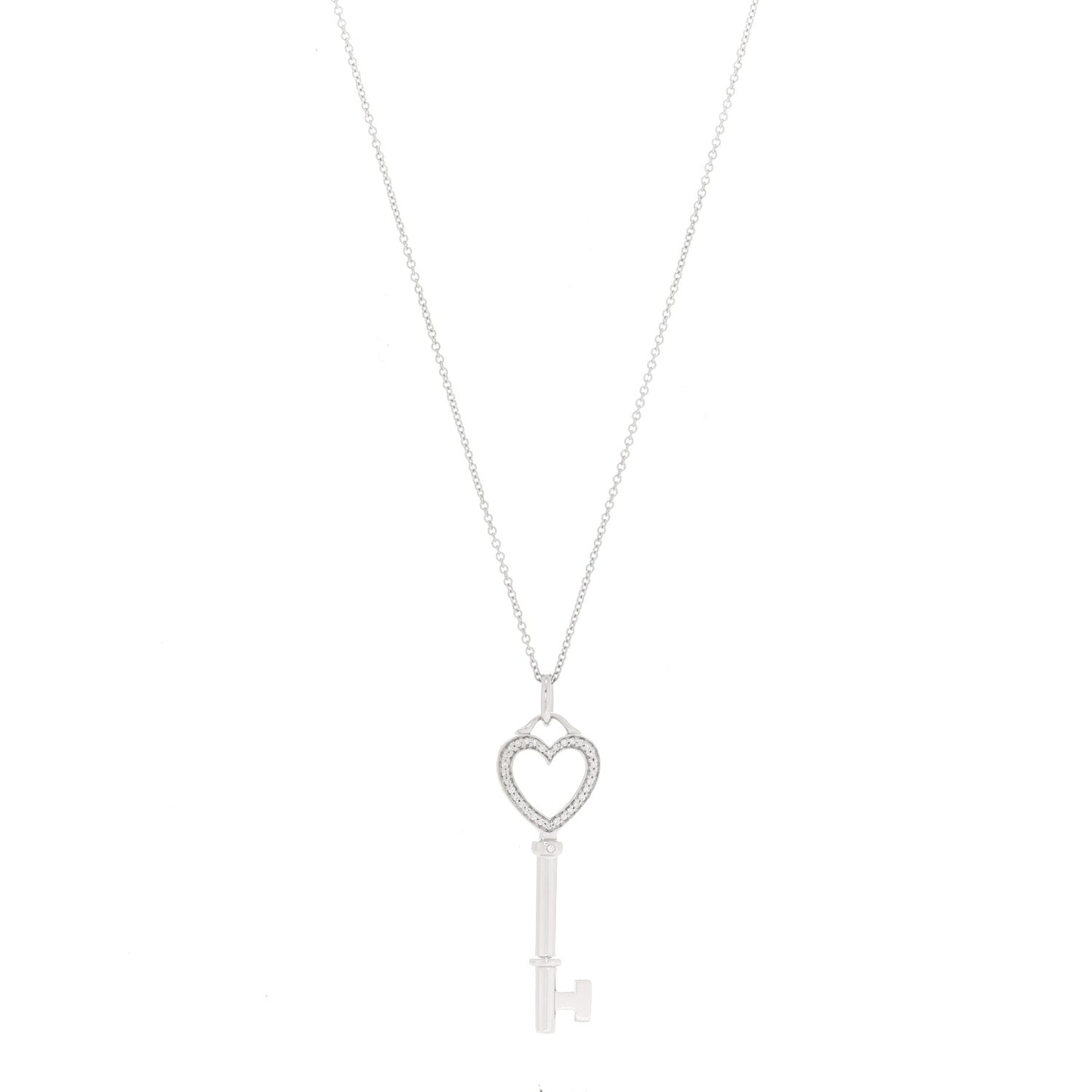 18K White Gold Diamond Medium Heart Key Pendant Necklace
