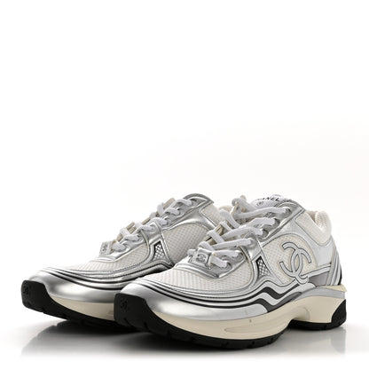 Chanel Fabric Laminated Calfskin Stretch CC Womens Sneakers 39.5 White Silver 4 of 11