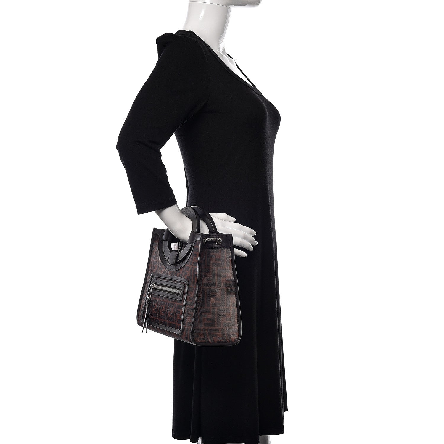 Fendi Mesh Vitello Century Cuoio FF 1974 Small Runaway Shopper Tote Marrone Black Ebano 3 of 12