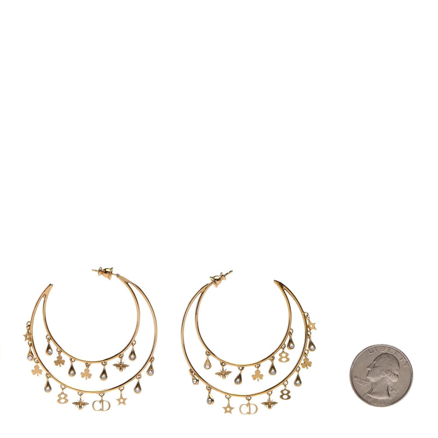 Christian Dior Crystal Charms Double Hoop Earrings Gold White 2 of 6