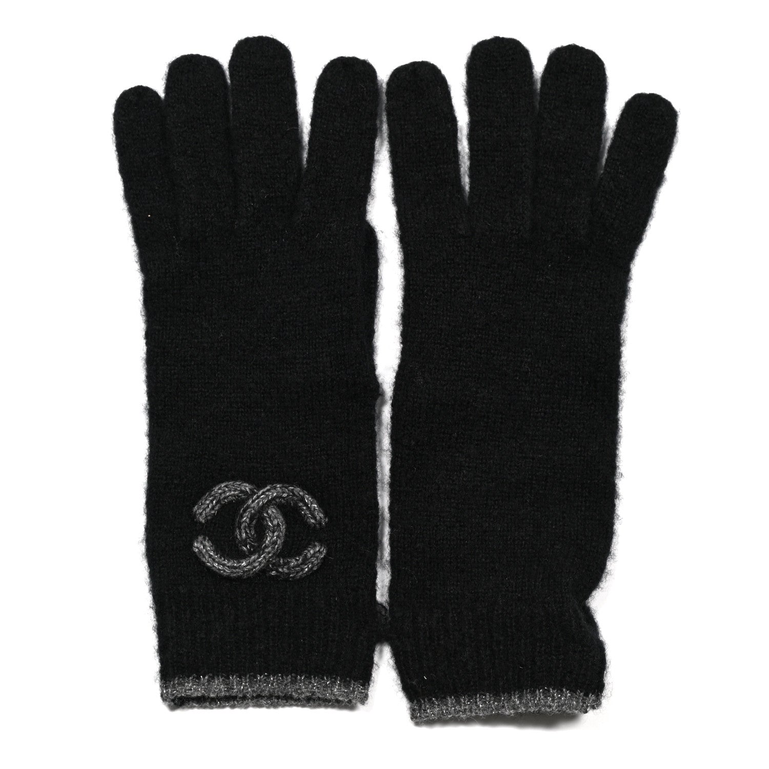 Chanel Cashmere Silk CC Gloves Black Grey 1 of 3
