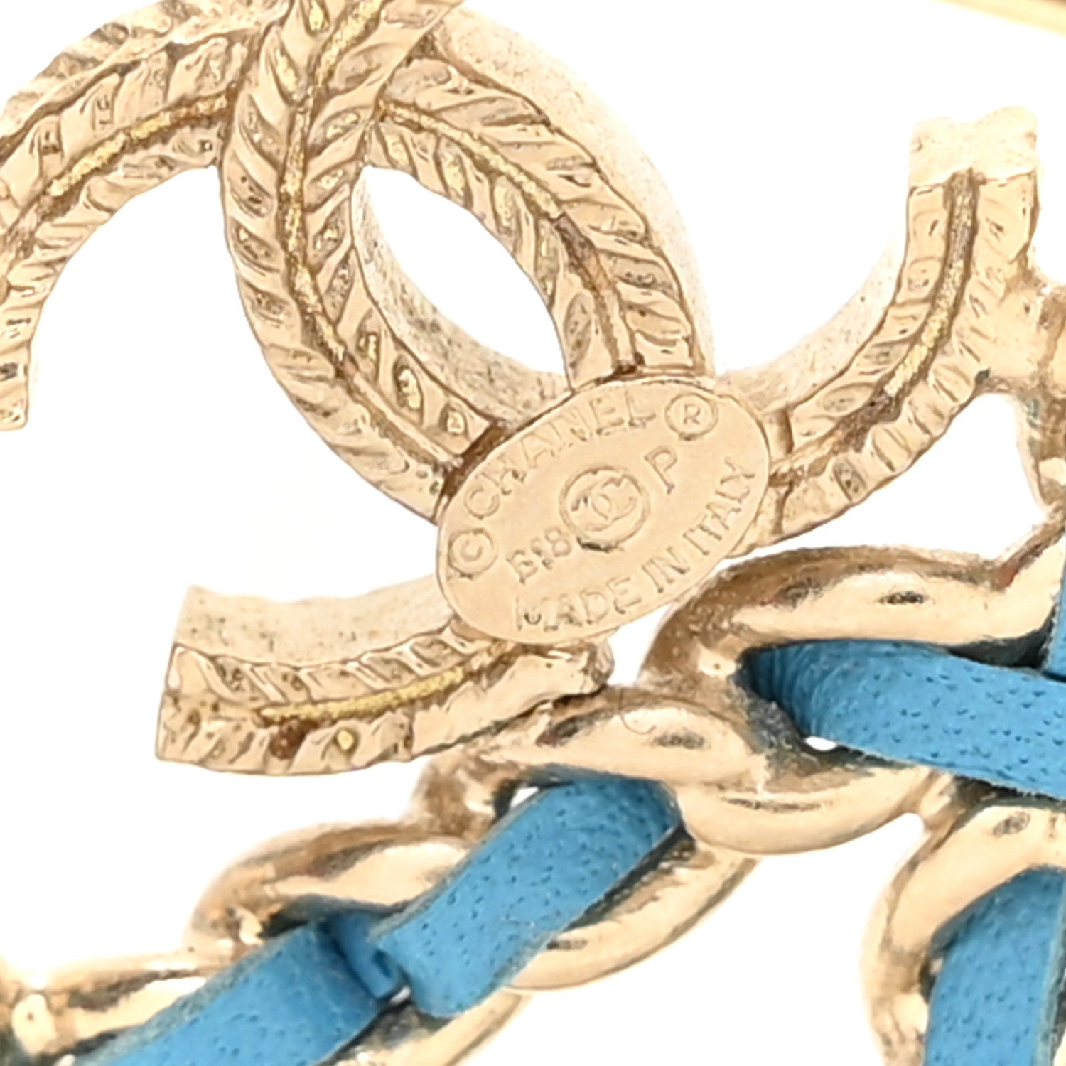 Chanel Metal Calfskin Braided Peace Sign CC Brooch Blue Purple Gold 3 of 3