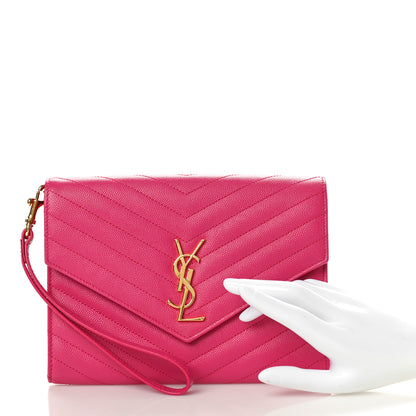 Saint Laurent Grain De Poudre Matelasse Chevron Monogram Envelope Clutch Fuchsia 2 of 9