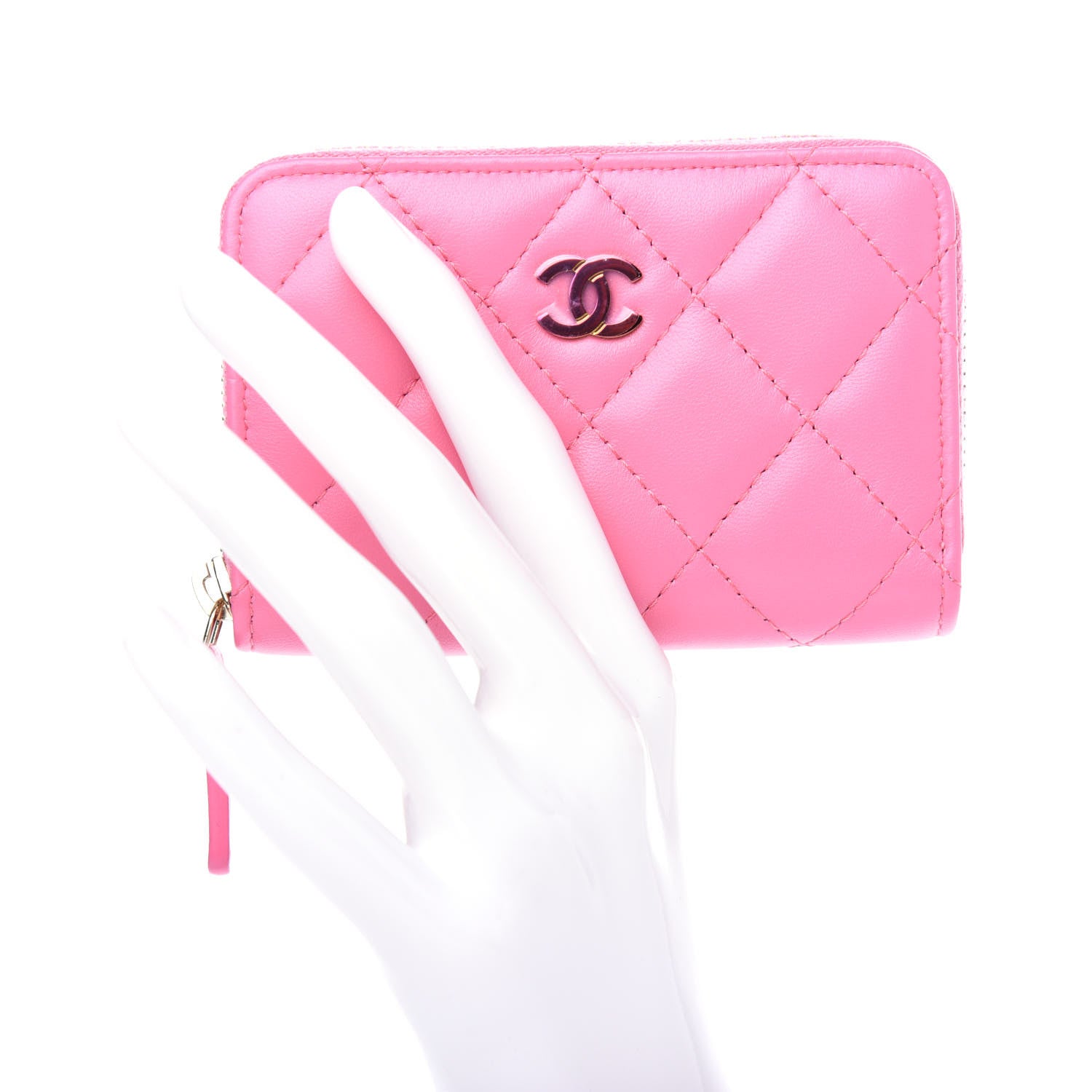 Chanel Lambskin Quilted Zip Around Coin Purse Wallet Pink Yellow 2 of 9