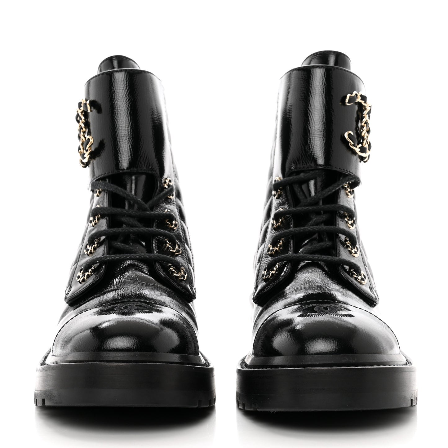 Shiny Calfskin Quilted Lace Up Combat Boots 38 Black