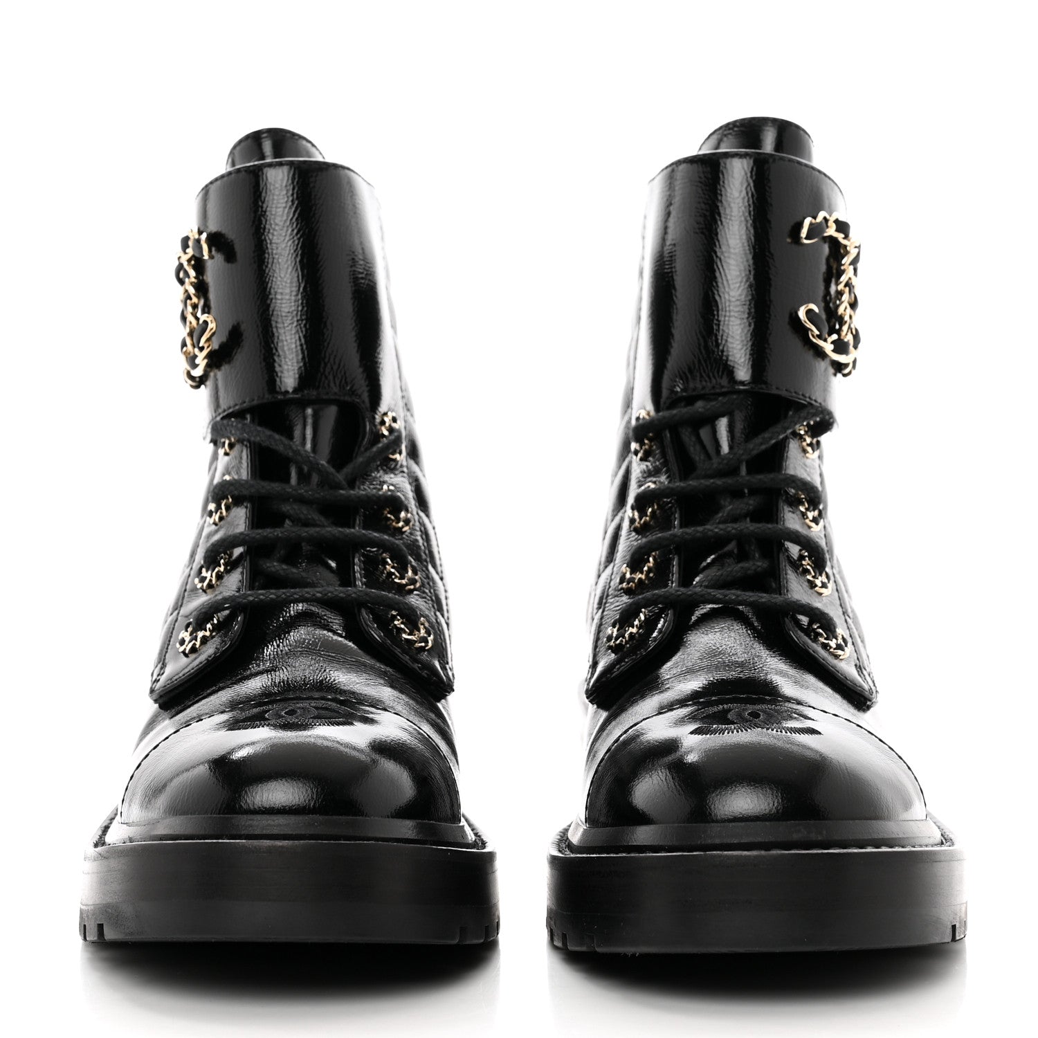 Chanel Shiny Calfskin Quilted Lace Up Combat Boots 38 Black 2 of 9