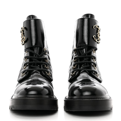 Chanel Shiny Calfskin Quilted Lace Up Combat Boots 38 Black 2 of 9