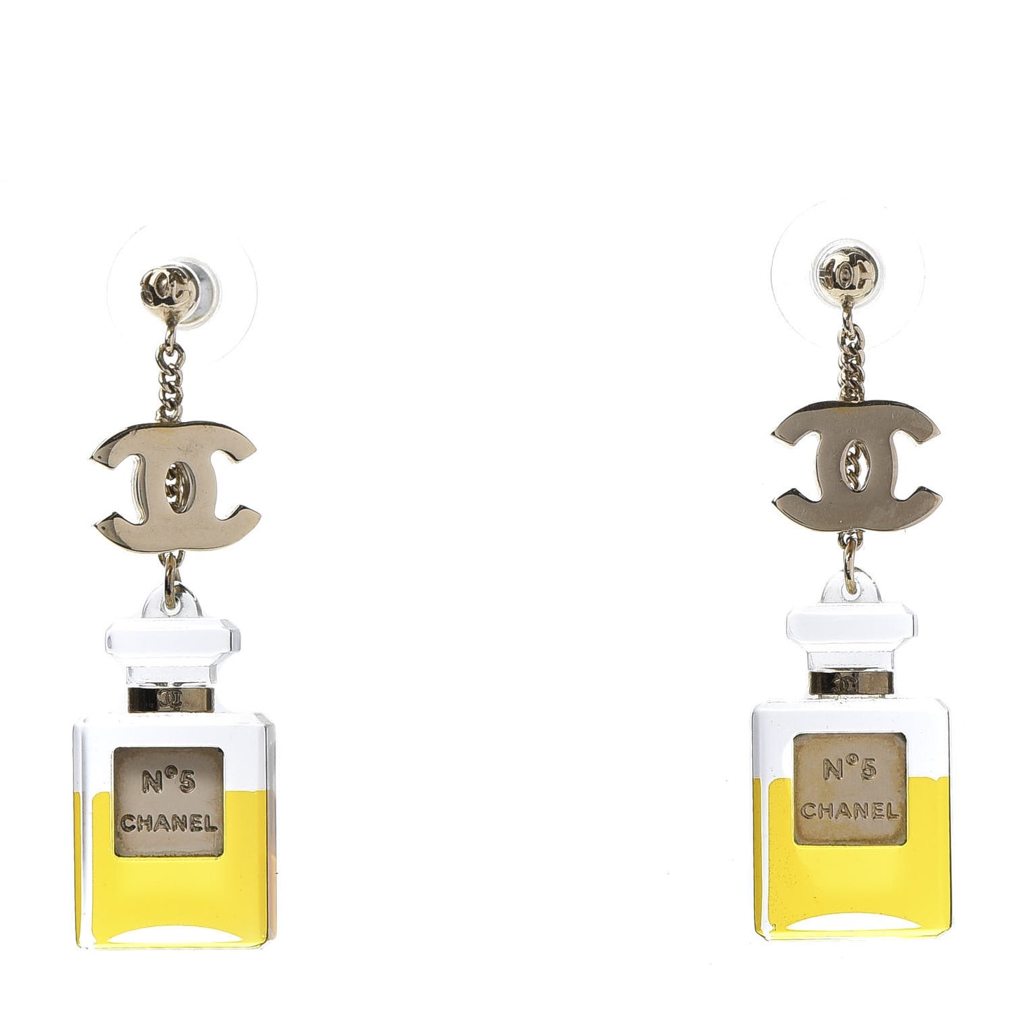 N°5 Perfume Bottle CC Drop Earrings Gold