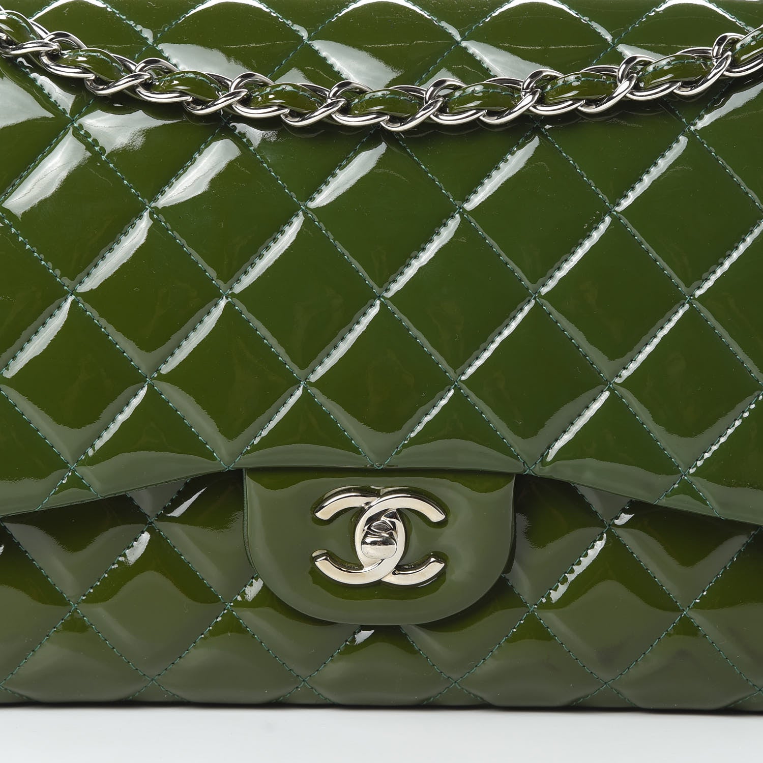 Chanel Patent Calfskin Quilted Jumbo Double Flap Green 9 of 15