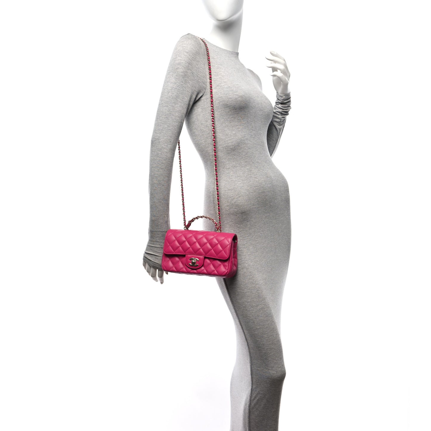 Lambskin Quilted Mini Crystal Top Handle Rectangular Flap Dark Pink