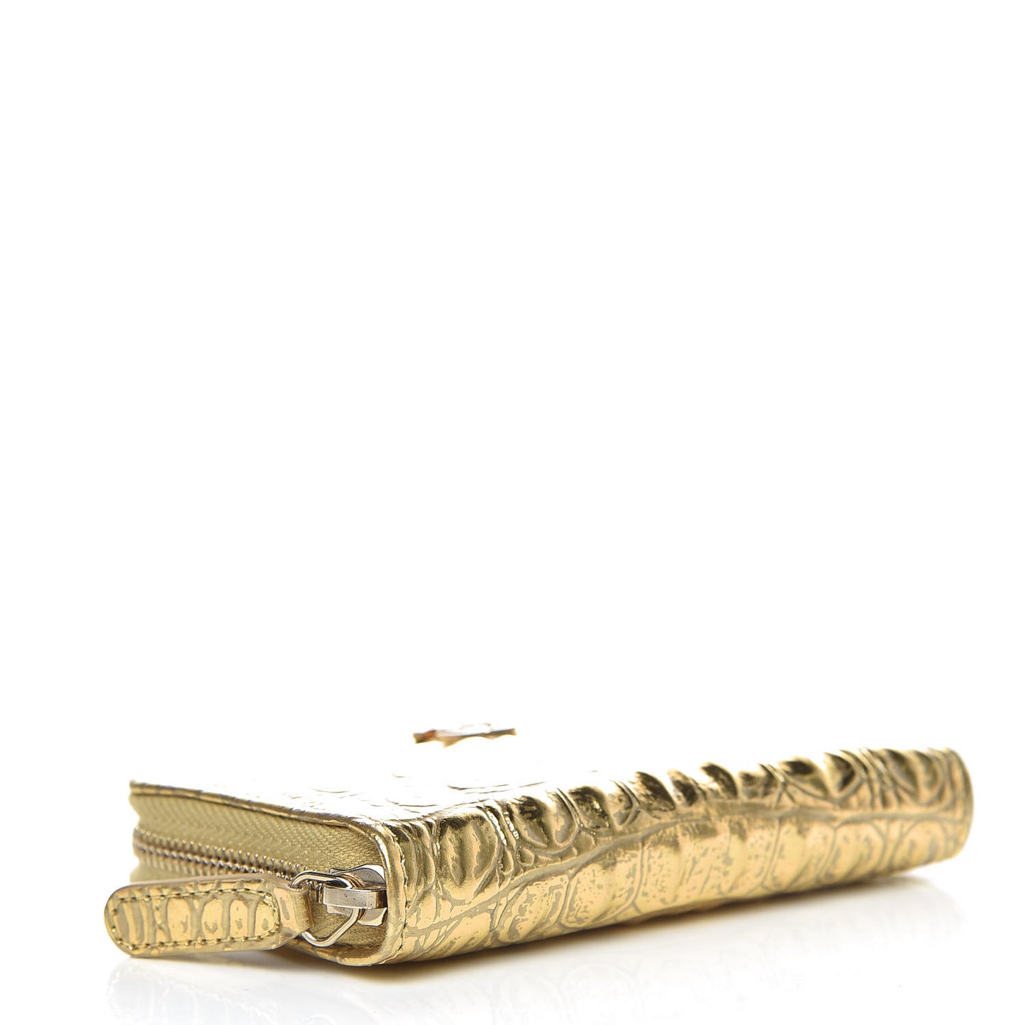 Metallic Calfskin Crocodile Embossed Cocodile Zip Coin Case Gold