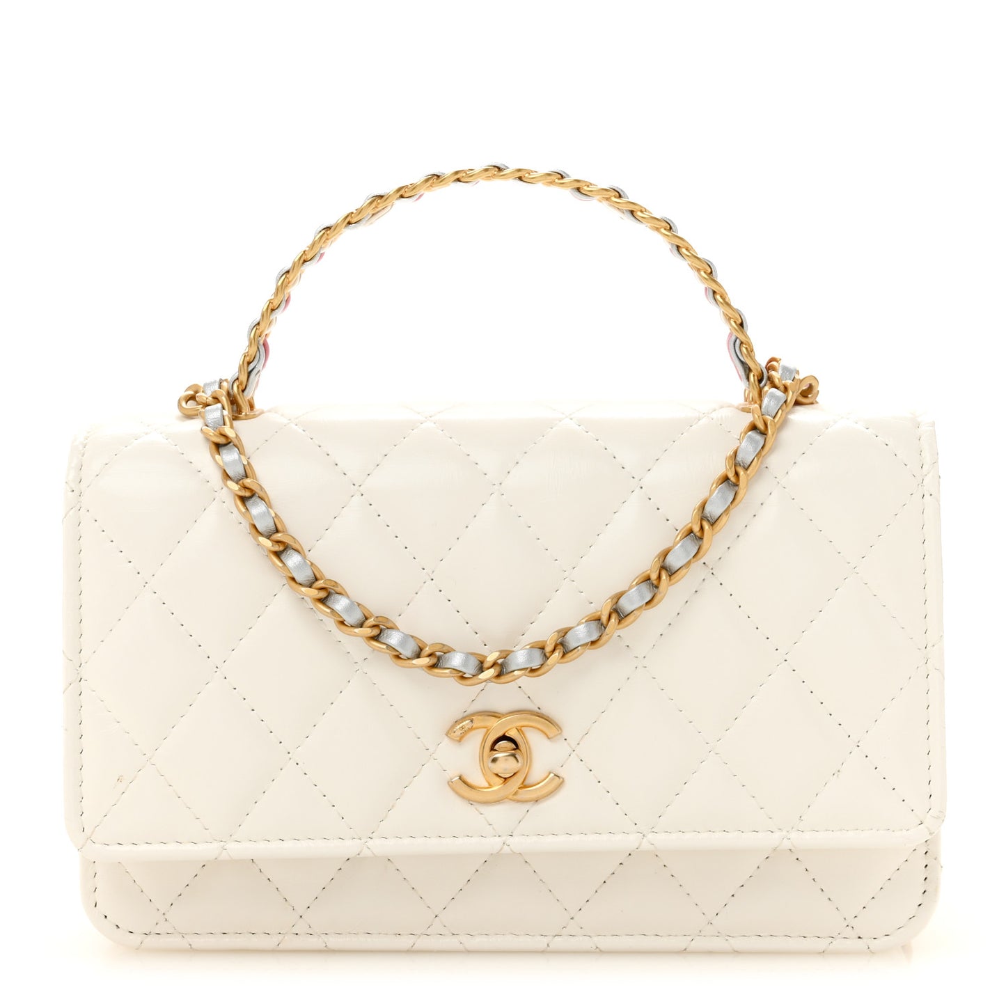 Shiny Calfskin Quilted Multicolor Top Handle Wallet On Chain WOC  White