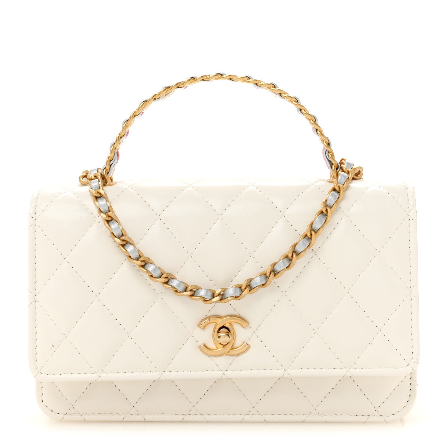Chanel Shiny Calfskin Quilted Multicolor Top Handle Wallet On Chain WOC  White 1 of 15