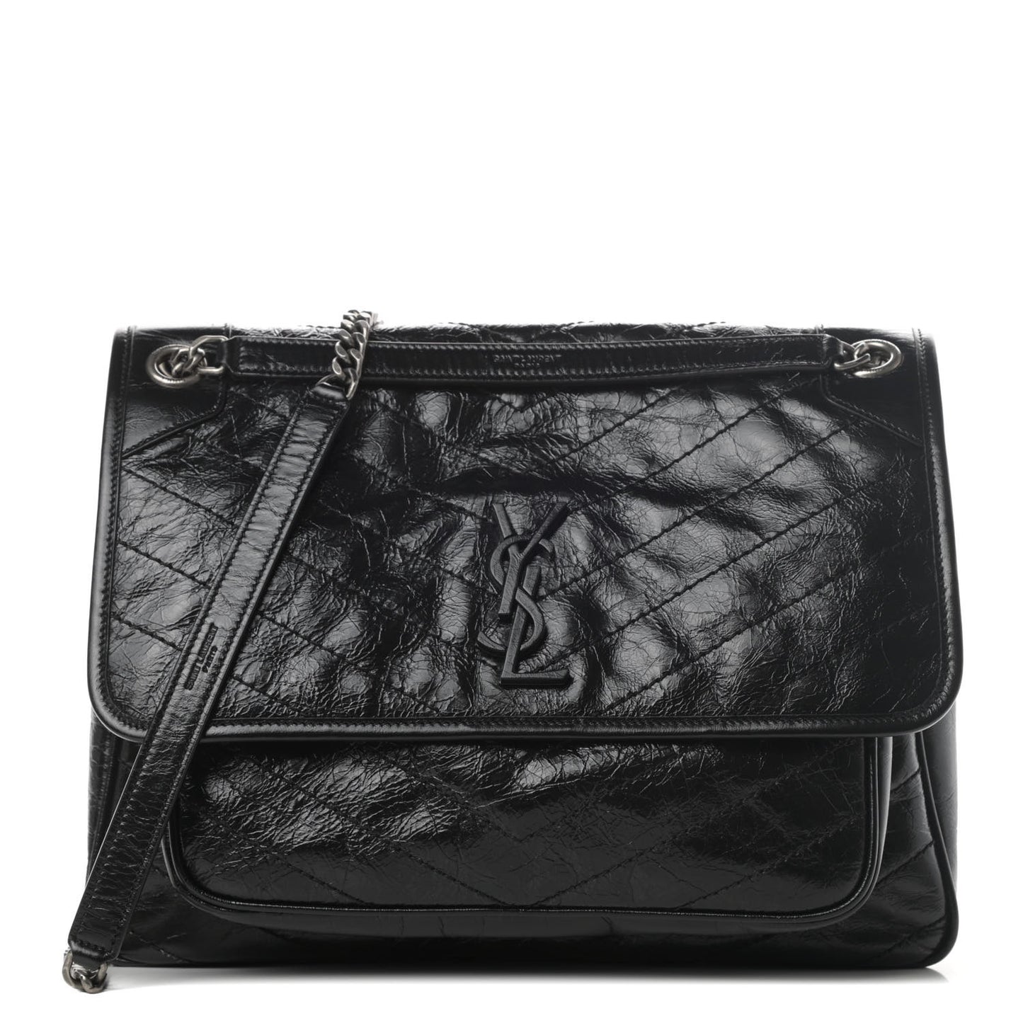 Crinkled Calfskin Matelasse Monogram Large Niki Chain Satchel Black