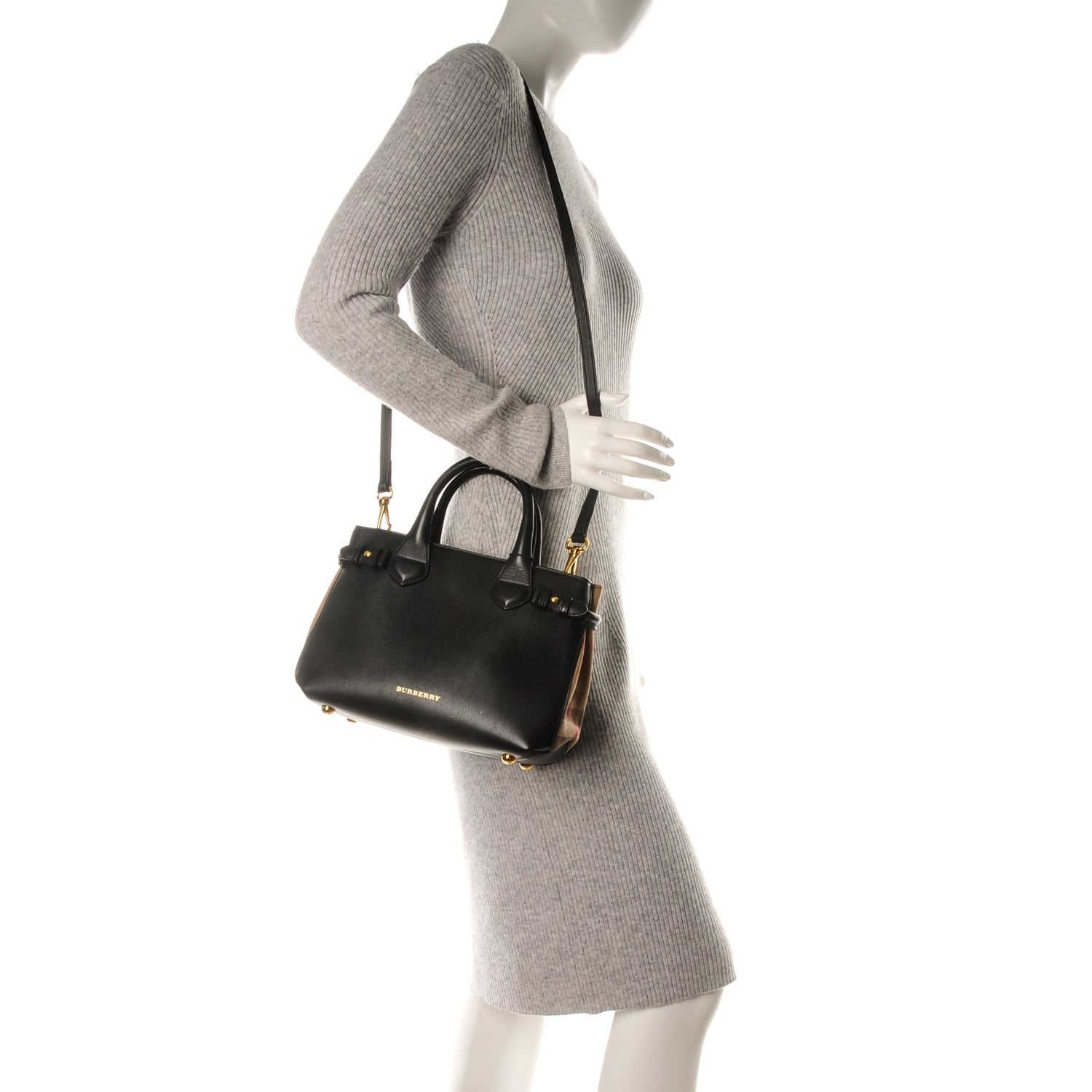 Burberry Calfskin House Check Small Banner Tote Black 2 of 8