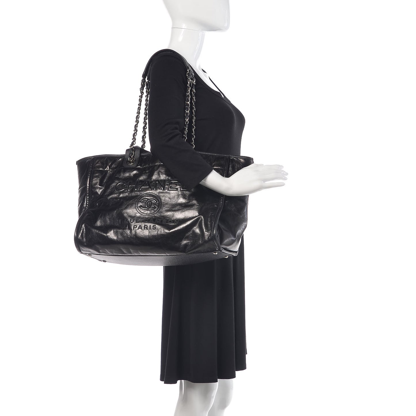 Glazed Calfskin Large Deauville Tote Black