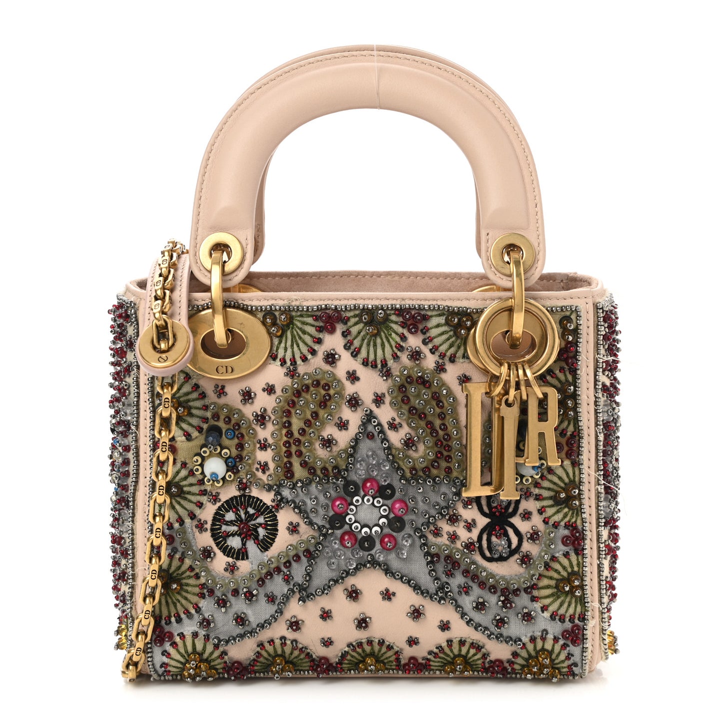 Calfskin Beaded Mini Lady Dior Beige Multicolor