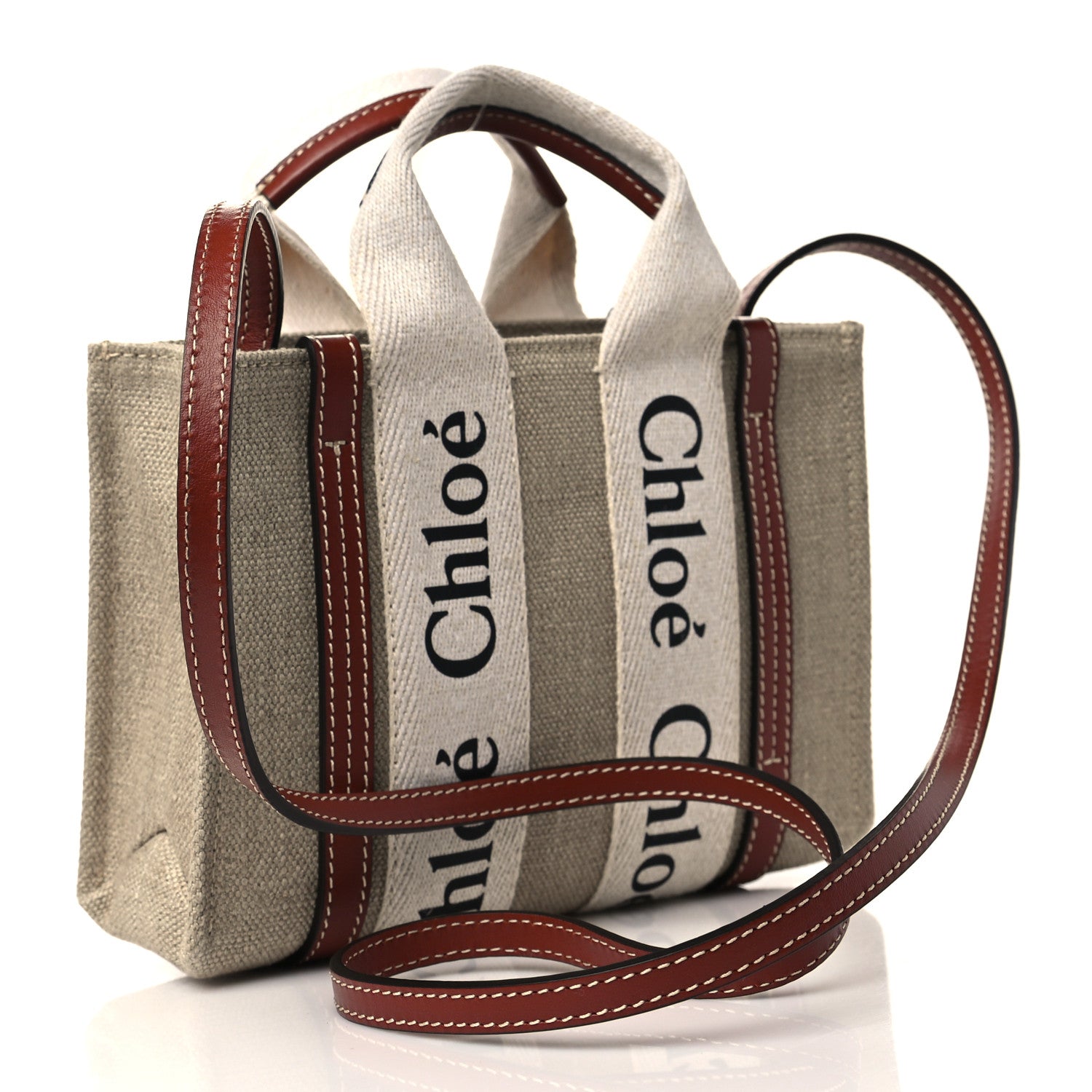 Chloe Cotton Calfskin Mini Woody Ribbon Tote White Brown 3 of 6