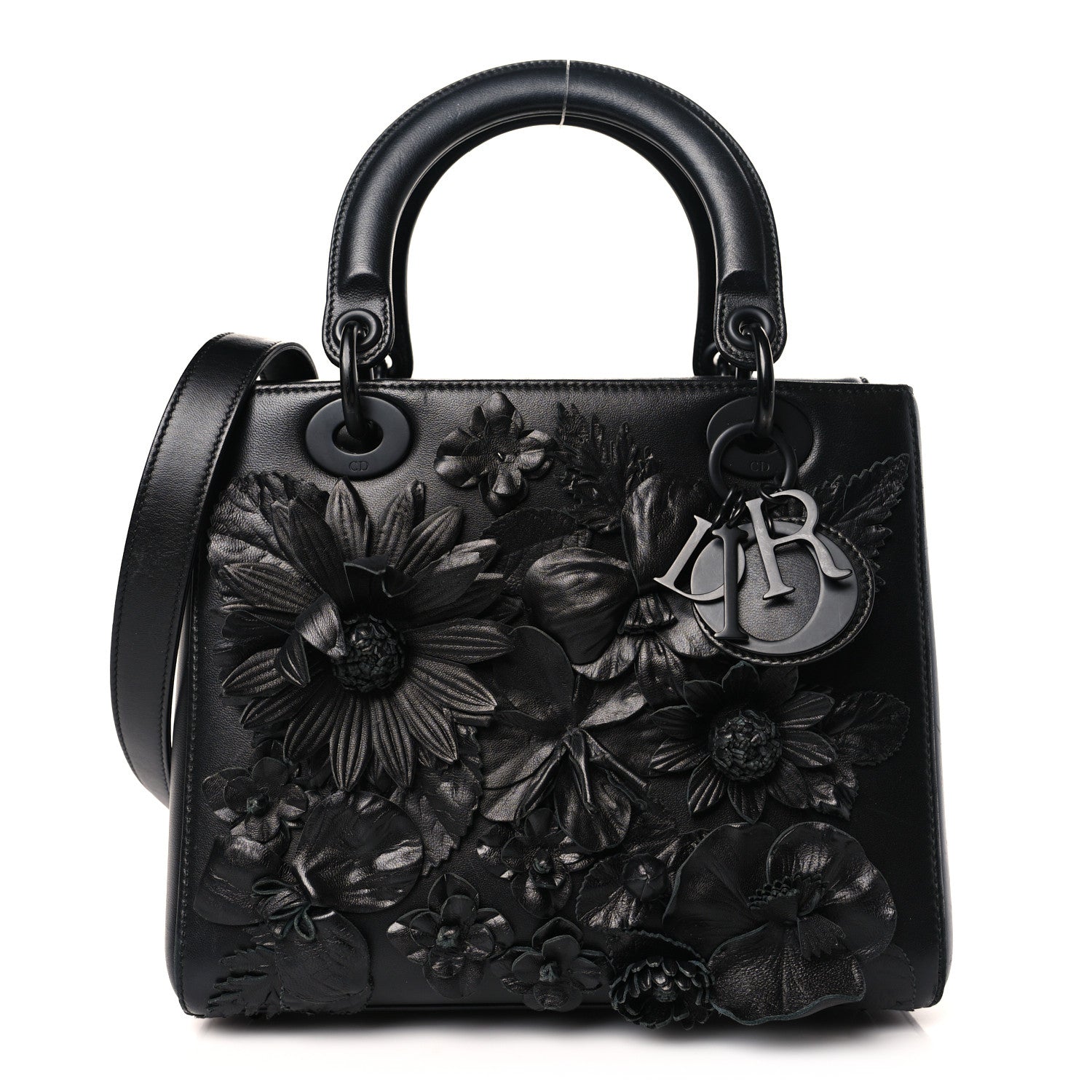 Christian Dior Ultra Matte Calfskin 3D Flower Embellished Medium Lady Dior Black 1 of 9