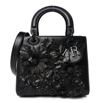 Christian Dior Ultra Matte Calfskin 3D Flower Embellished Medium Lady Dior Black 1 of 9