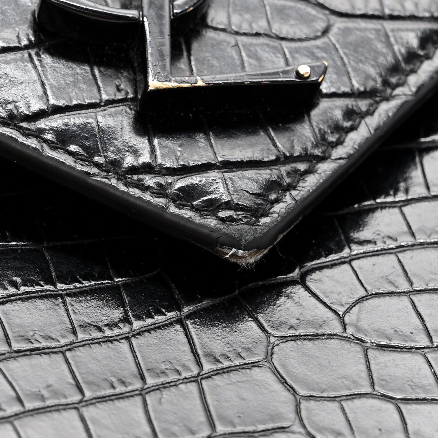 Calfskin Crocodile Embossed Monogram Large Satchel Black