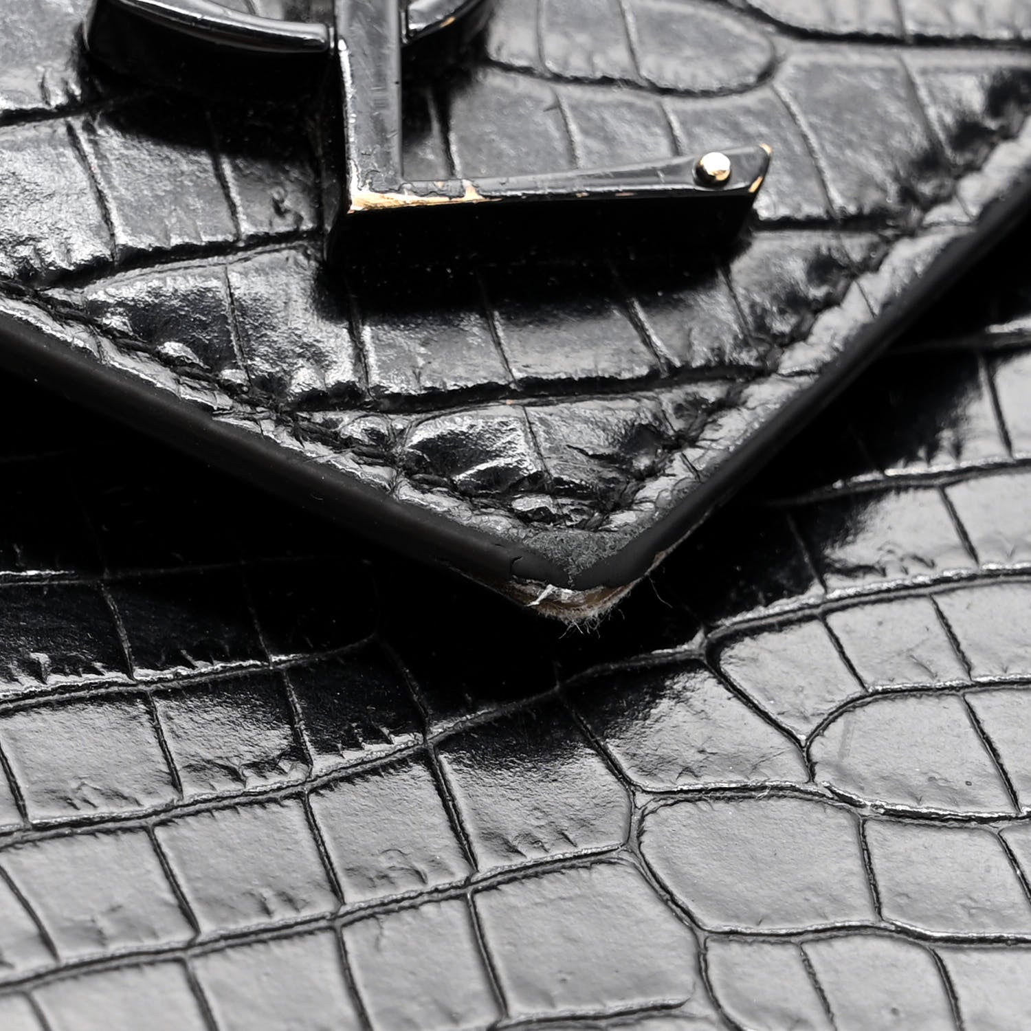 Saint Laurent Calfskin Crocodile Embossed Monogram Large Satchel Black 12 of 15