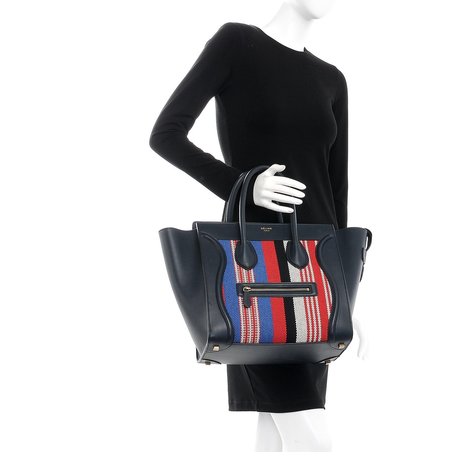 Smooth Calfskin Striped Cotton Canvas Mini Luggage Navy Blue