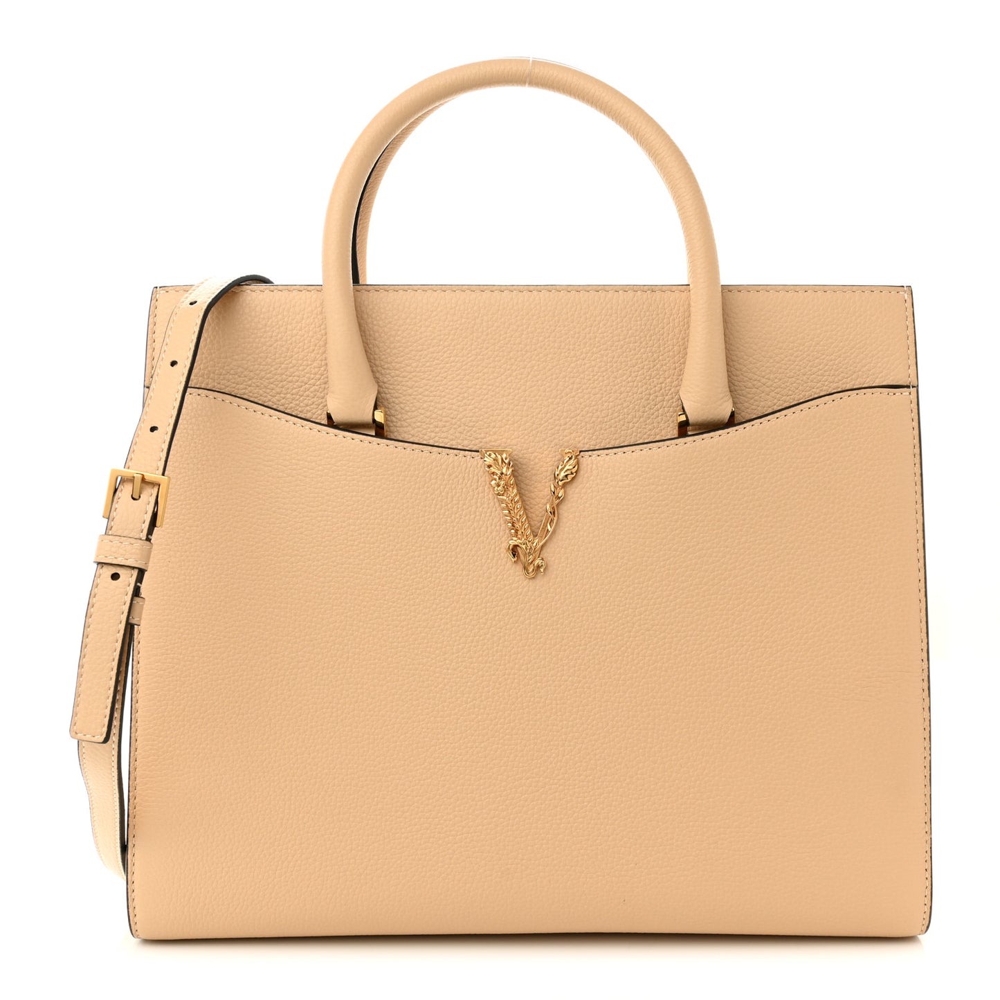 Grained Calfskin Large Virtus Top Handle Shoulder Bag Beige