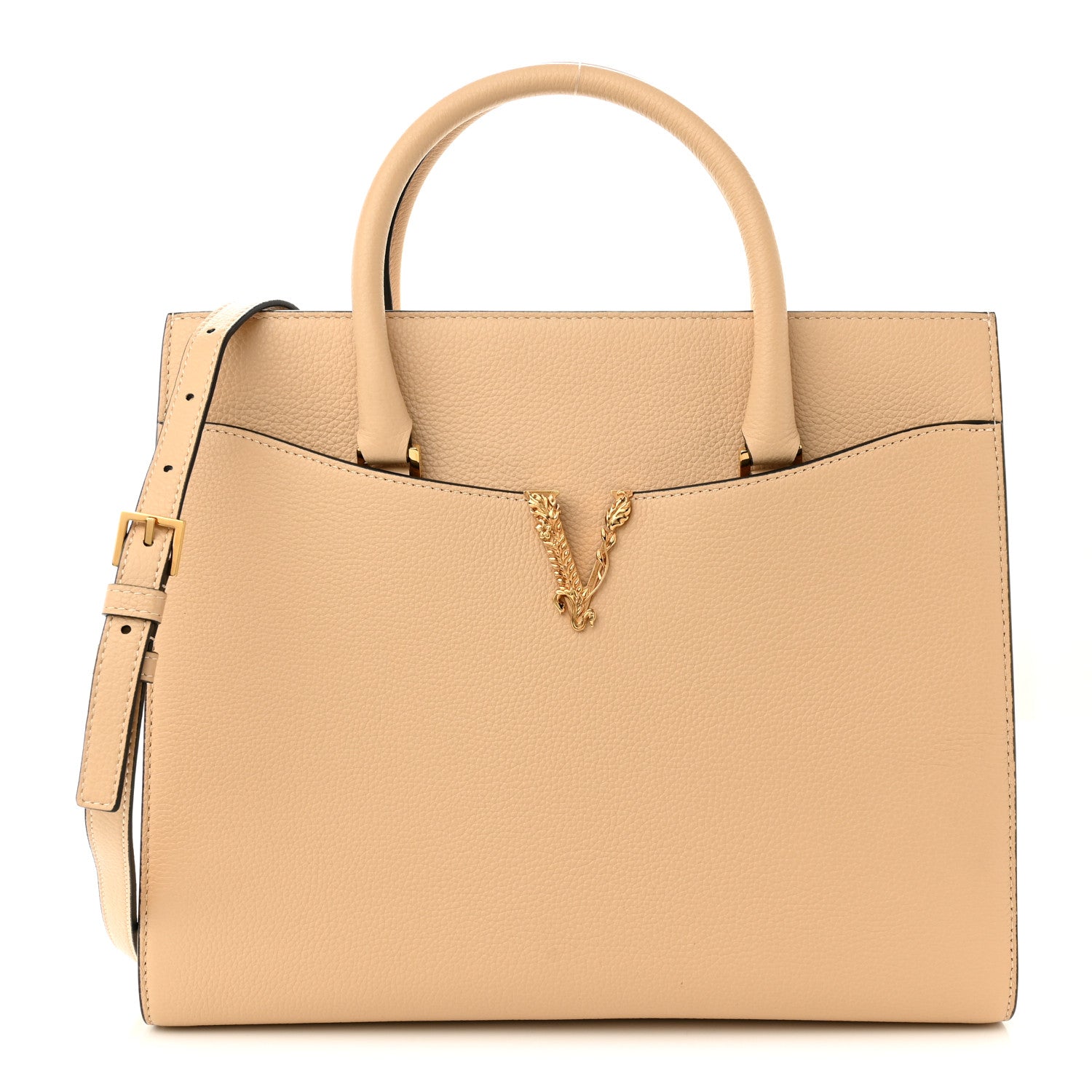 Versace Grained Calfskin Large Virtus Top Handle Shoulder Bag Beige 1 of 9