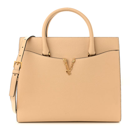 Versace Grained Calfskin Large Virtus Top Handle Shoulder Bag Beige 1 of 9