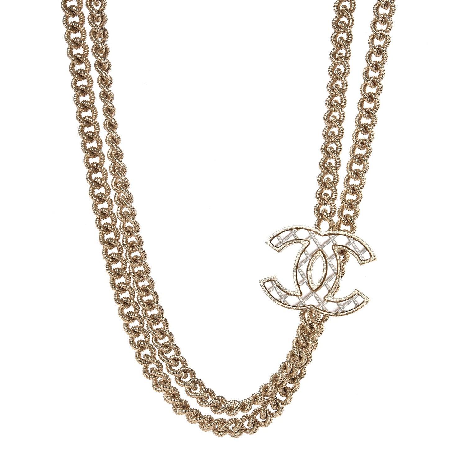 Quilted CC Long Chain Necklace Gold Pearly White