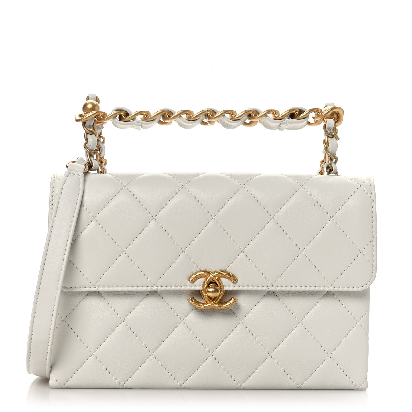 Lambskin Quilted Chain Bar Top Handle Flap White