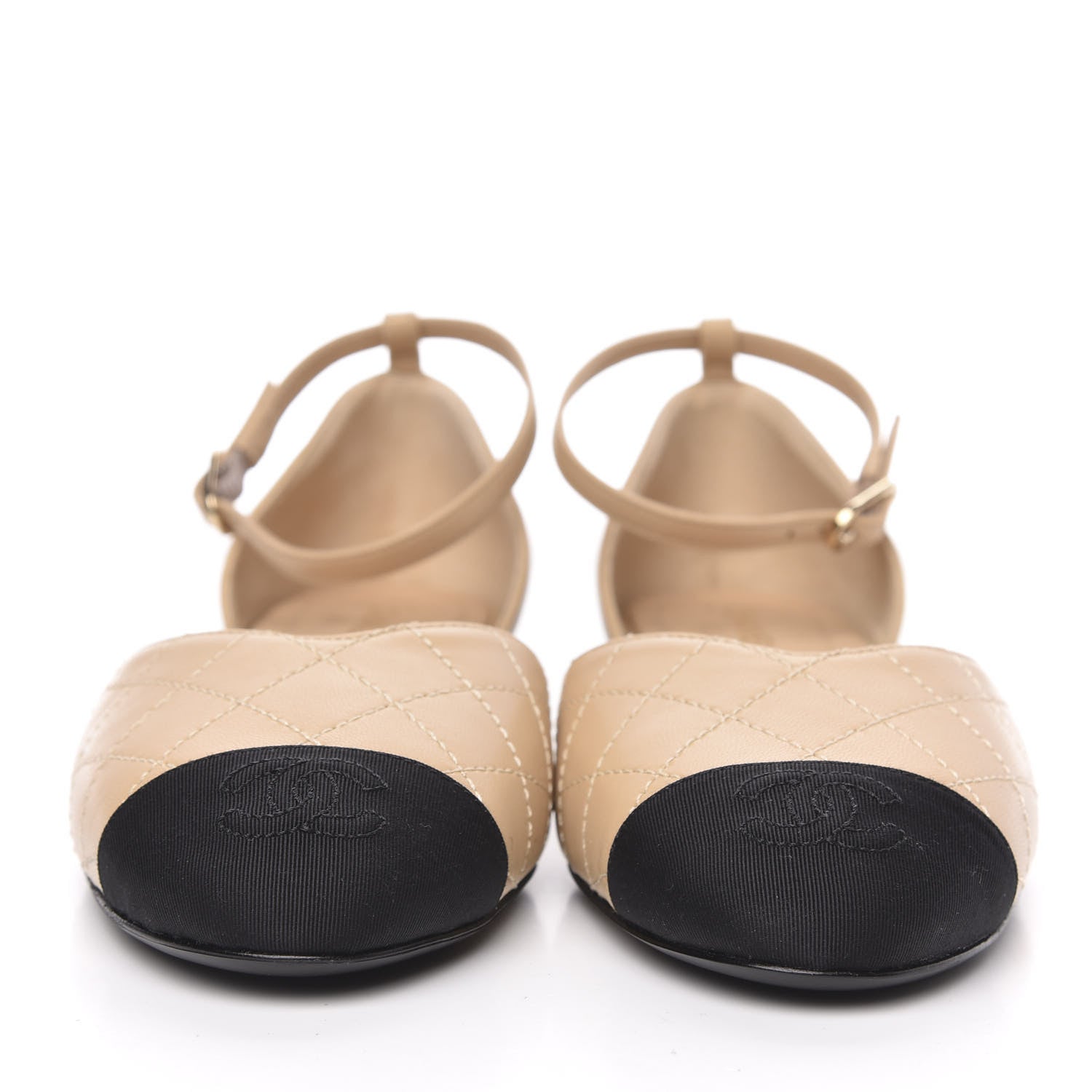 Chanel Lambskin Grosgrain Cap Toe CC Ankle Strap Sandals 37 Beige Black 2 of 10