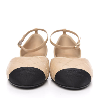 Chanel Lambskin Grosgrain Cap Toe CC Ankle Strap Sandals 37 Beige Black 2 of 10