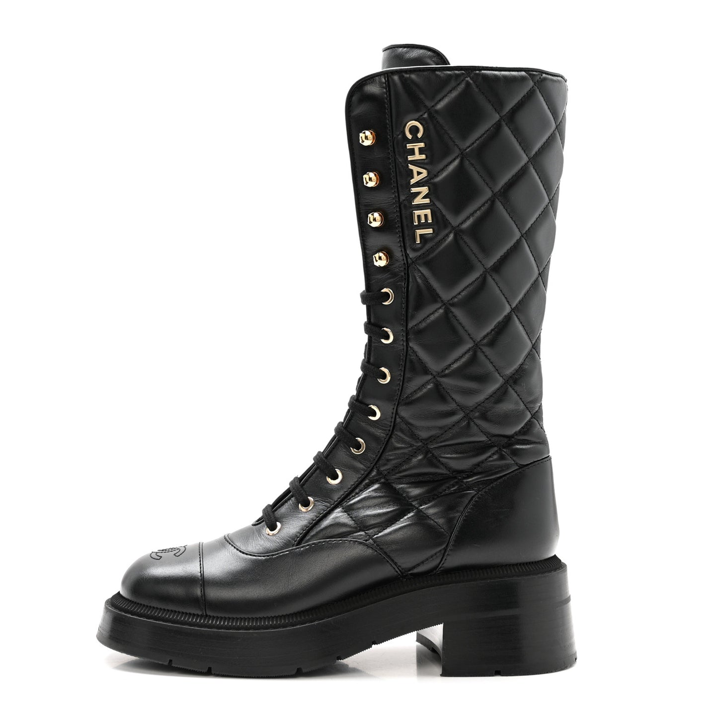 Calfskin Quilted Logo Lace Up Tall Combat Boots 37.5 Black