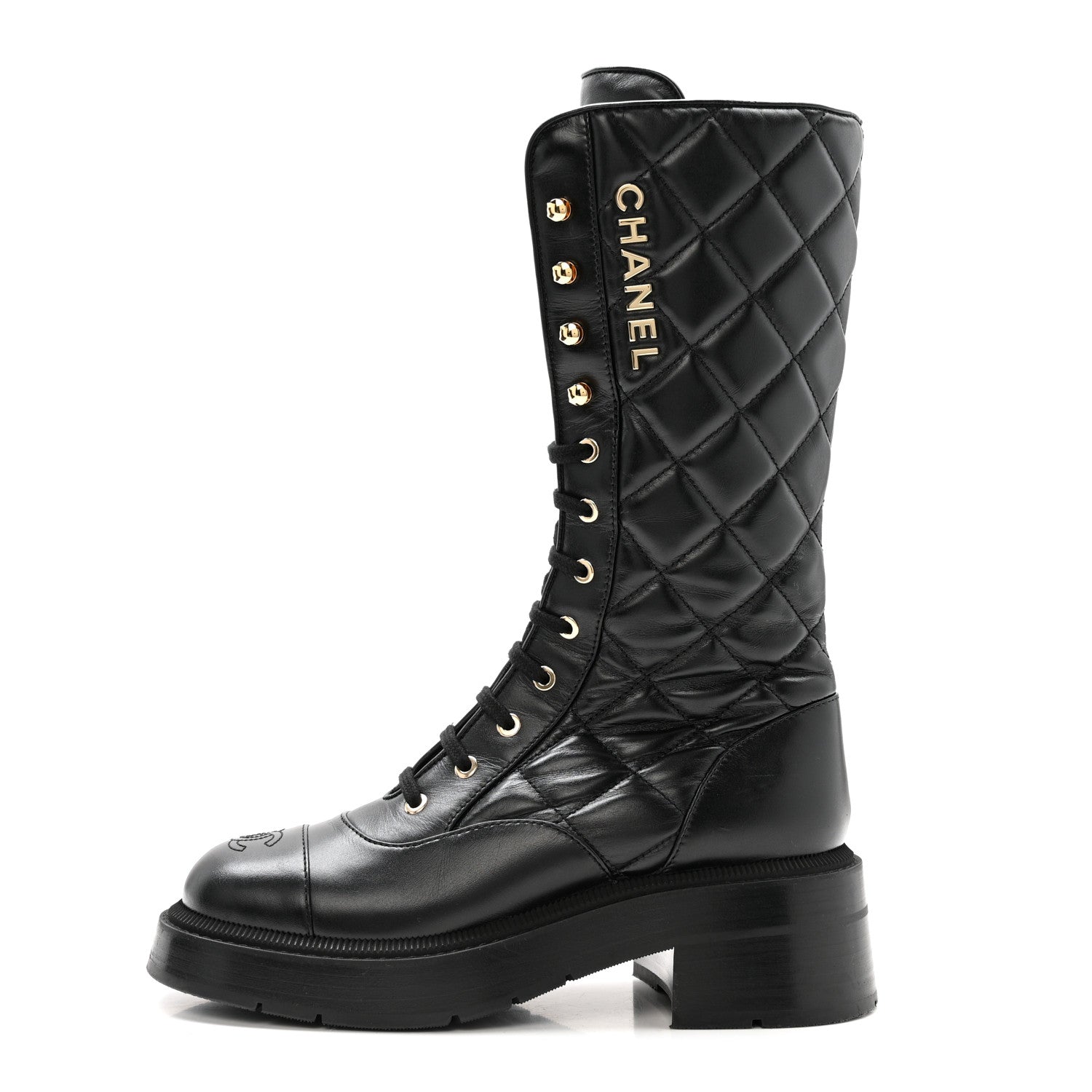 Chanel Calfskin Quilted Logo Lace Up Tall Combat Boots 37.5 Black 1 of 14