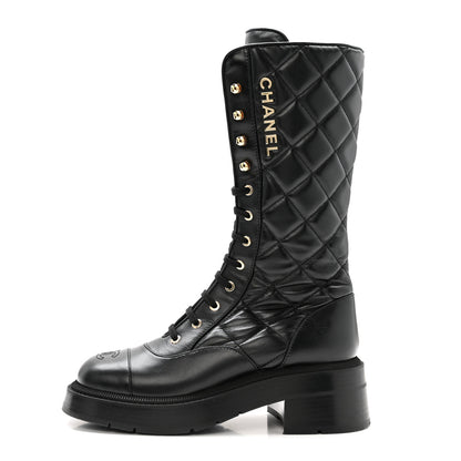 Chanel Calfskin Quilted Logo Lace Up Tall Combat Boots 37.5 Black 1 of 14