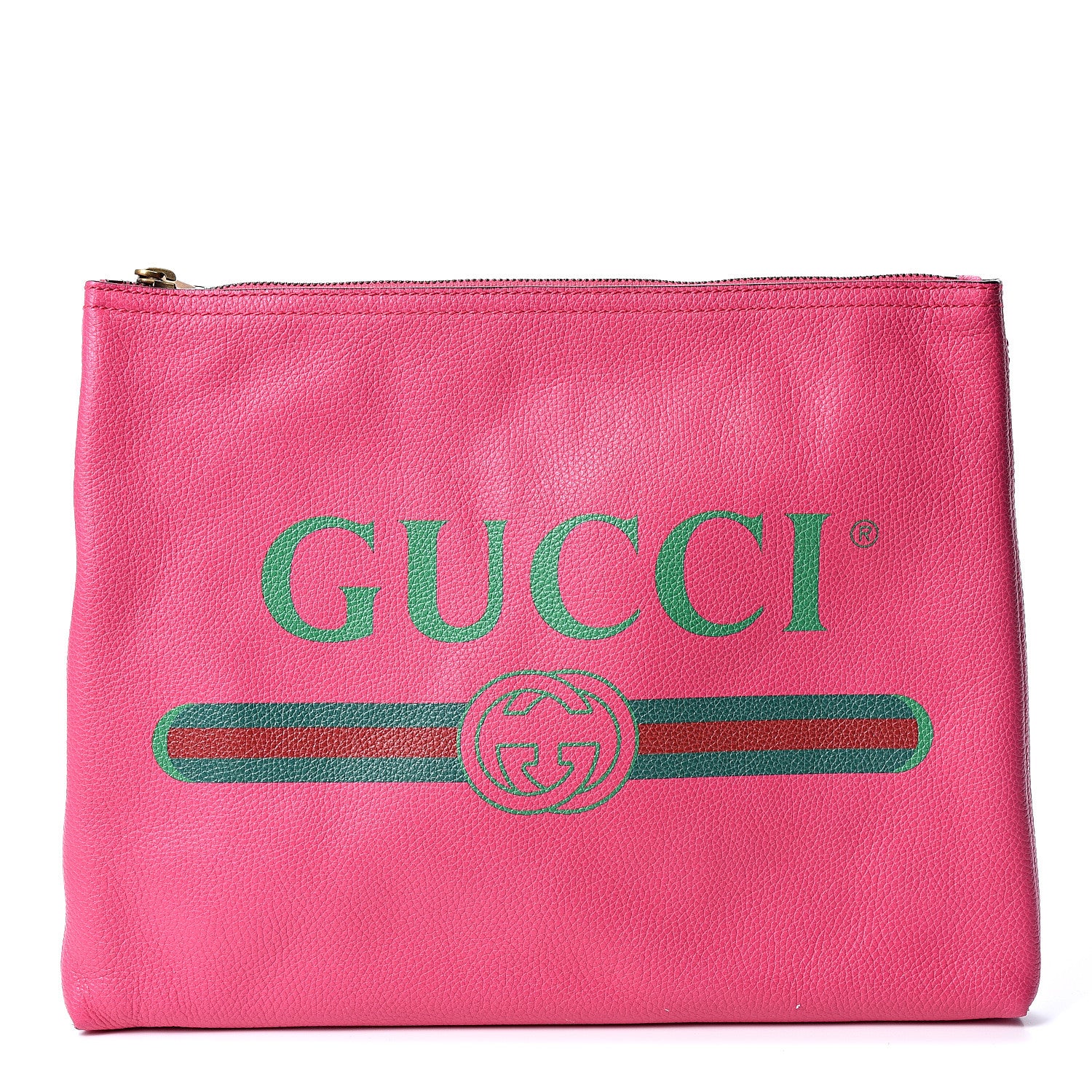 Gucci Pebbled Calfskin Medium Logo Portfolio Clutch Box Pink Green 1 of 8