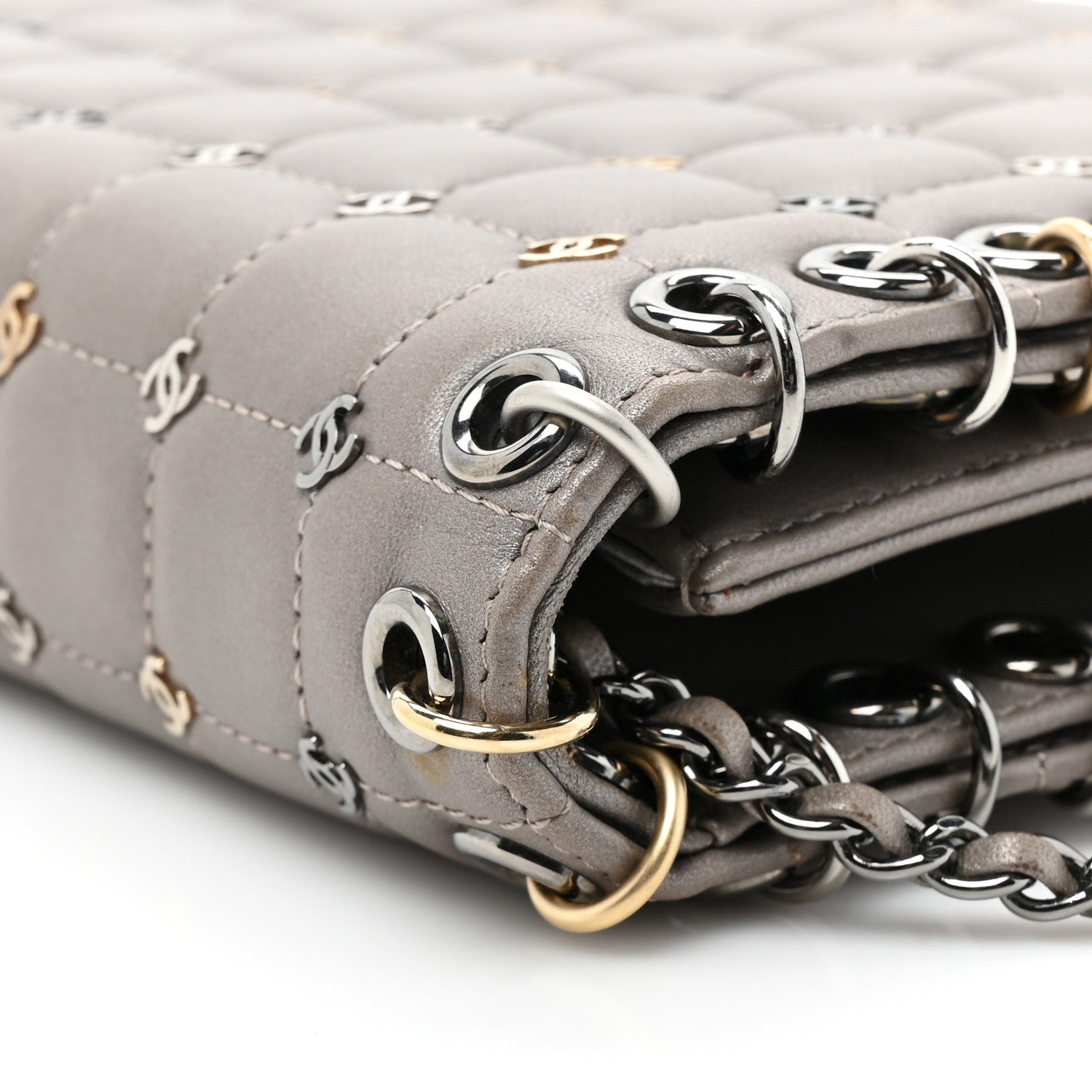 Chanel Lambskin Chocolate Bar Piercing CC Studded Small Chain Flap Bag Grey 16 of 16