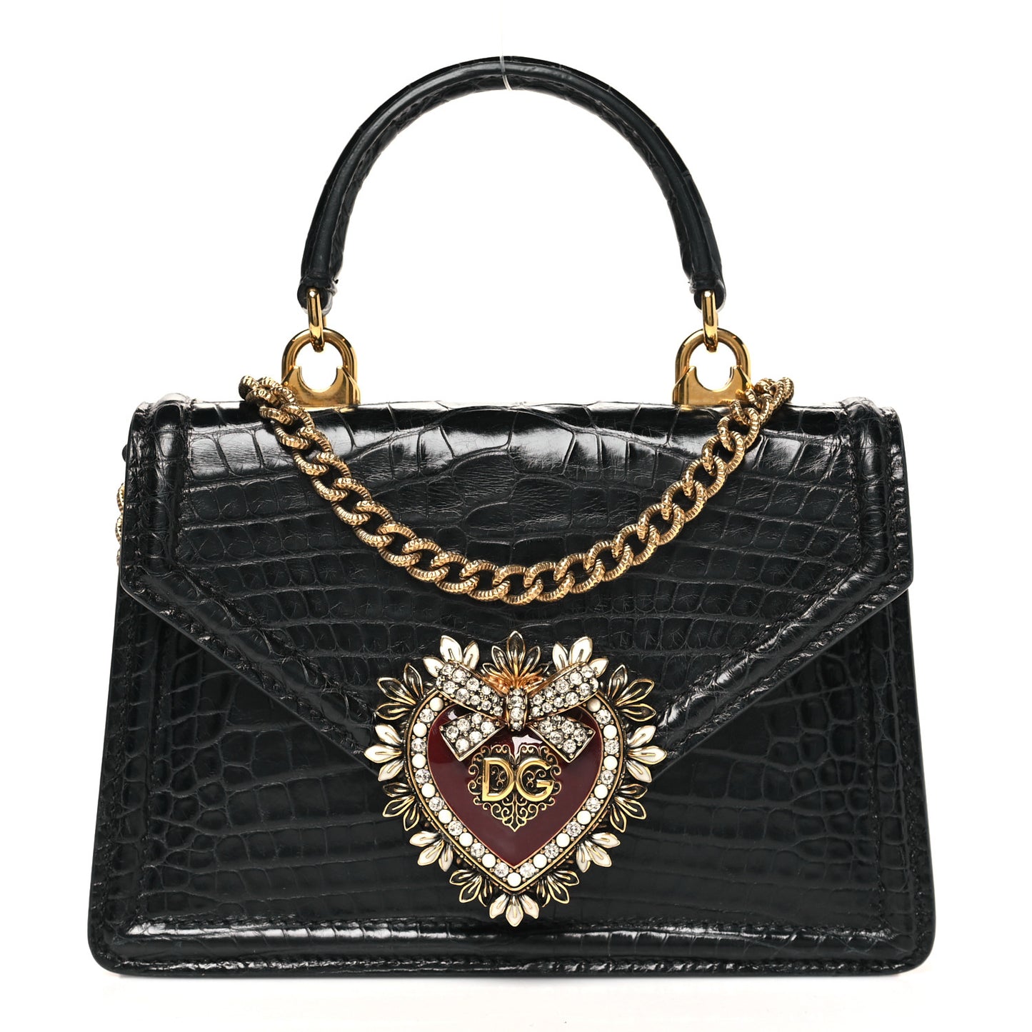 Shiny Alligator Devotion Envelope Top Handle Bag Black