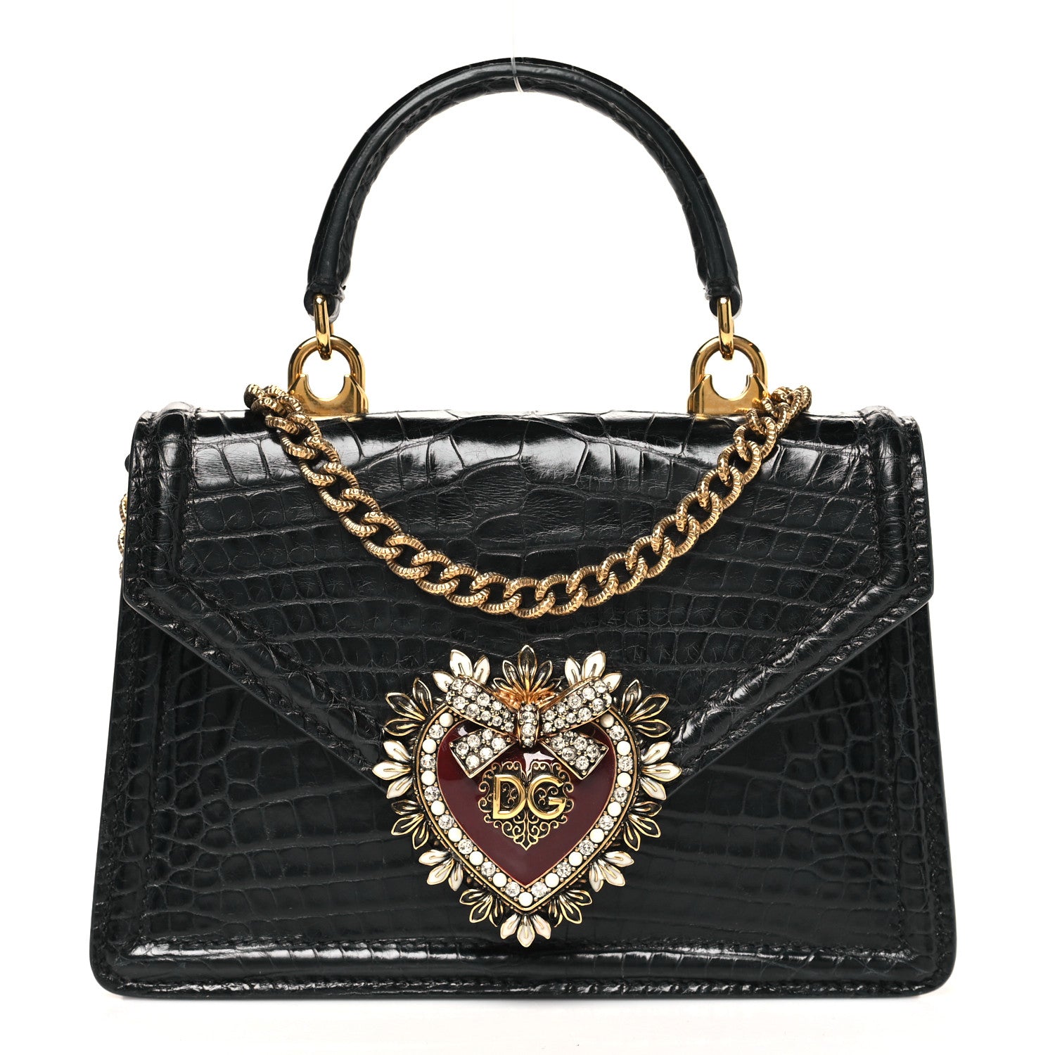 Dolce & Gabbana Shiny Alligator Devotion Envelope Top Handle Bag Black 1 of 10